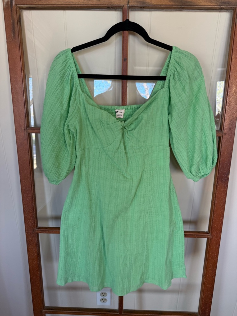 Billabong Sol Puff Sleeve Twist Front Green Mini Dress Fit & Flare – Small - Picture 6 of 10